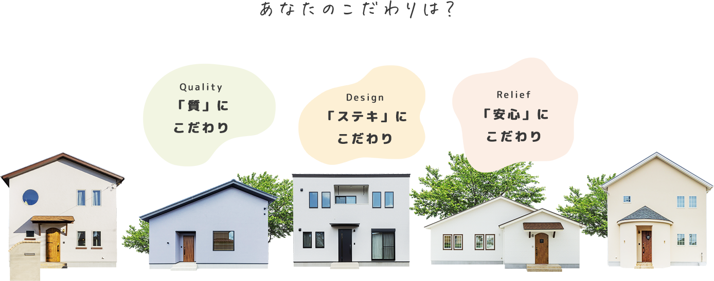 あたなのこだわりは？ Quality「質」にこだわり Design「ステキ」にこだわり Relief「安心」にこだわり